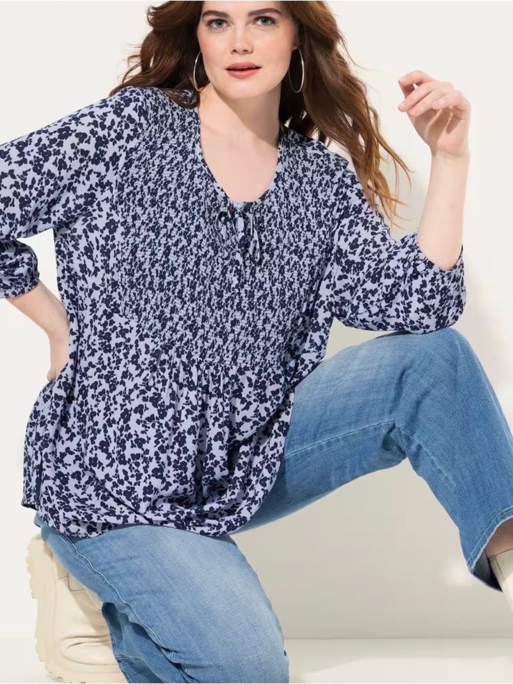Ulla Popken Light Blue and Navy Smocked Floral Tunic Plus Size